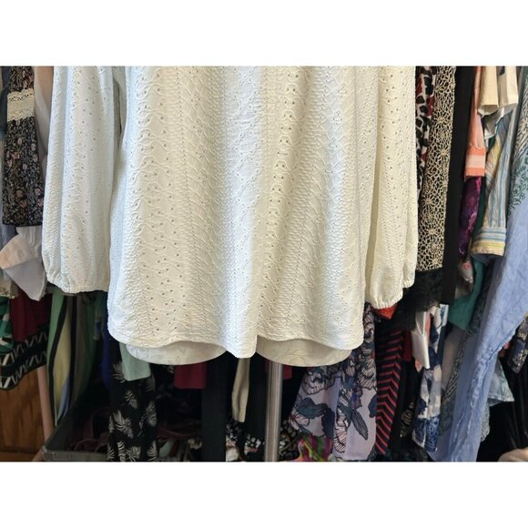 Adrianna Papell Womens Eyelet White Lined Crewneck Blouse Long Sleeve Sz XL - Picture 2 of 10